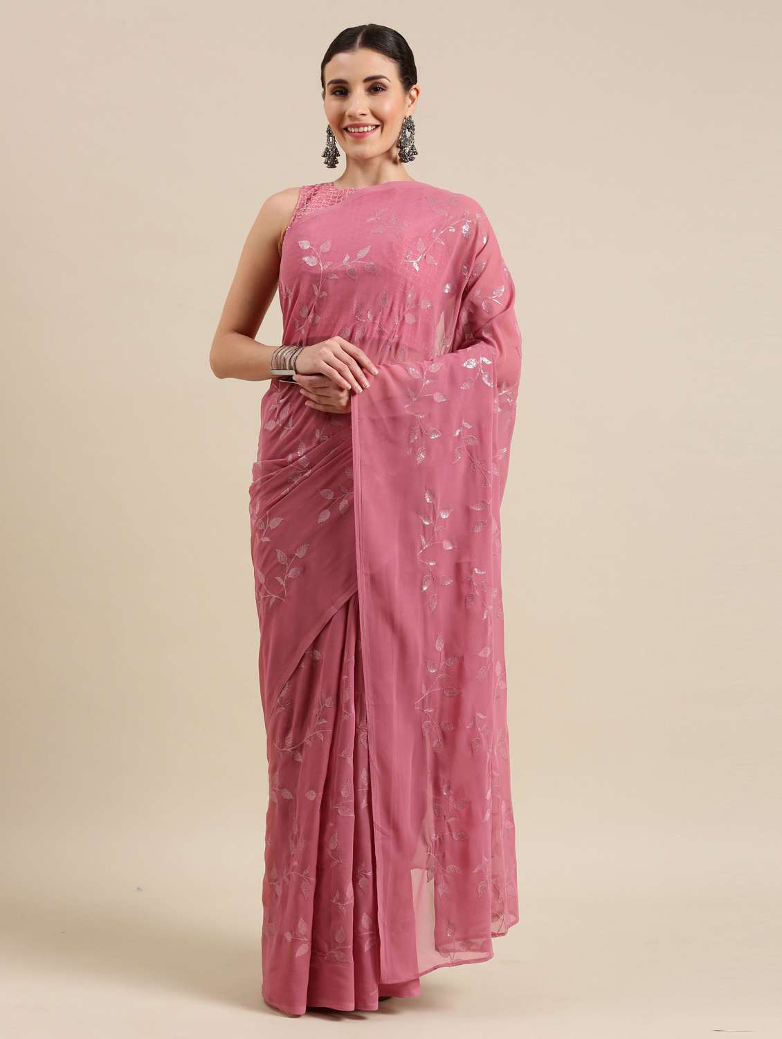 pink georgette embroidered saree with blouse