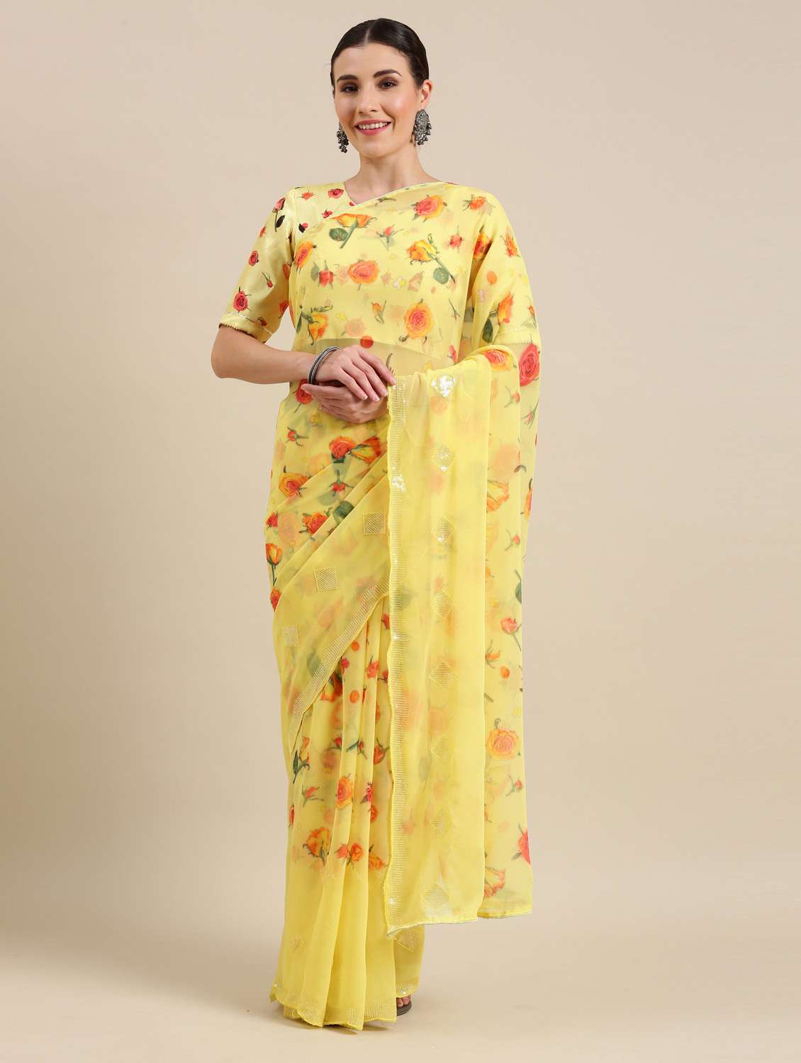 yellow floral printed saree with blouse
