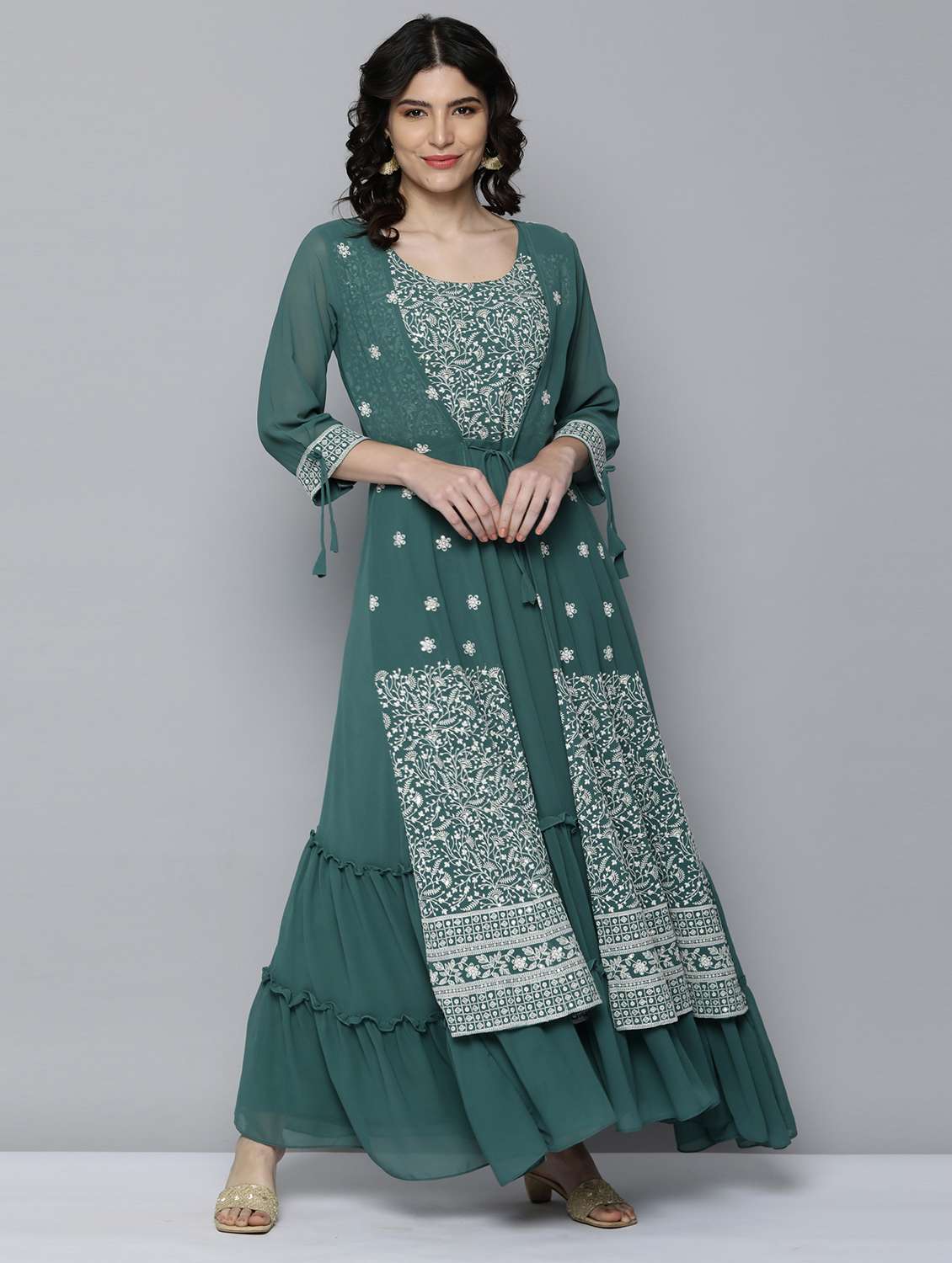 green embroidered layered ethnic dress