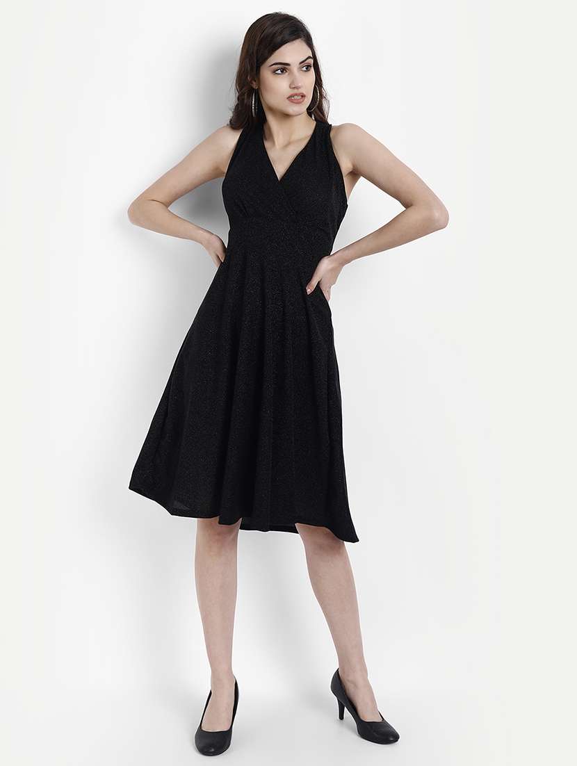 sleeveless blouson shimmer fit and flared dress