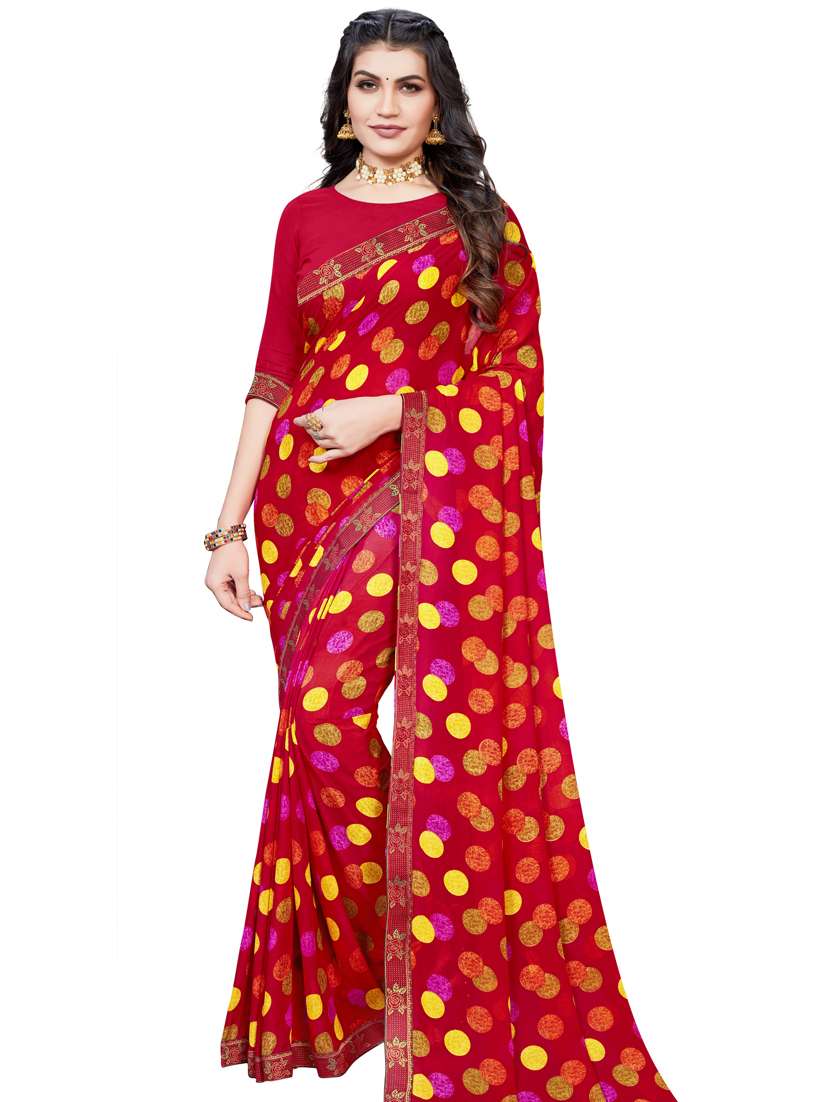 women's polka dots red colored saree with blouse
