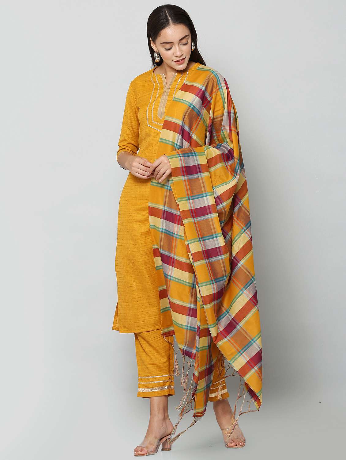 yellow cotton blend suit  set