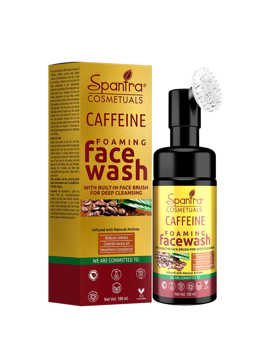 spantra caffeine foaming face wash with built- in face brush for deep cleaning 100ml face wash