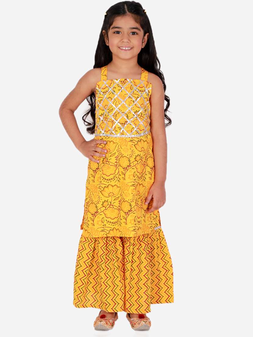 yellow printed kurta sharara suit set