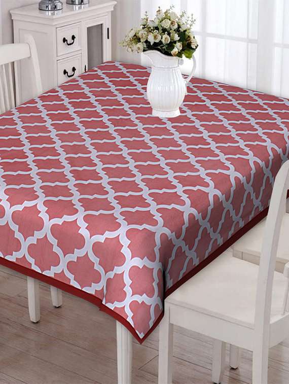 indhome life pink pure cotton abstract pattern jaipuri style 6 seater dining table cloth cover