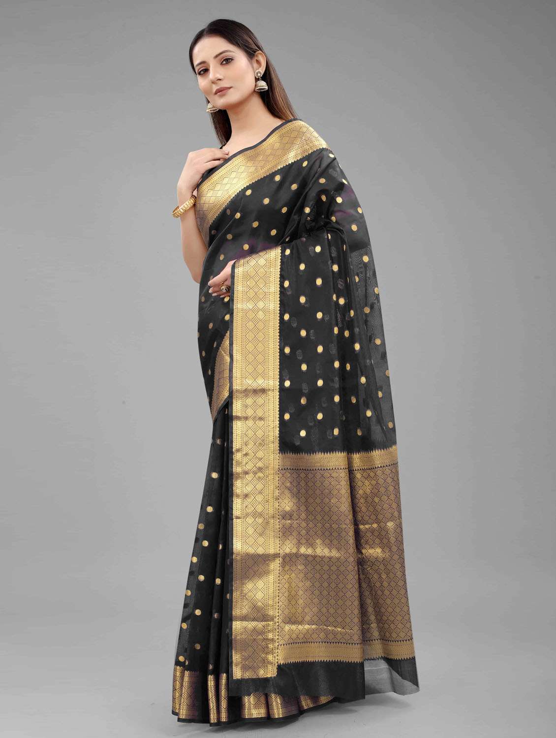 women's polka dots black colored saree - 18280757 -  Standard Image - 2