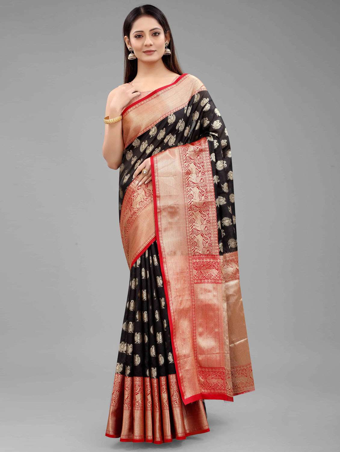 women's self design black colored saree with blouse