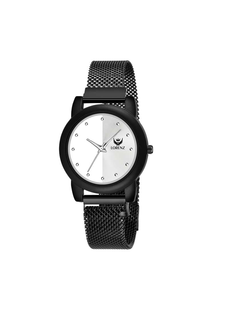 lorenz silver dial & black magnetic mesh strap watch for women & girls
