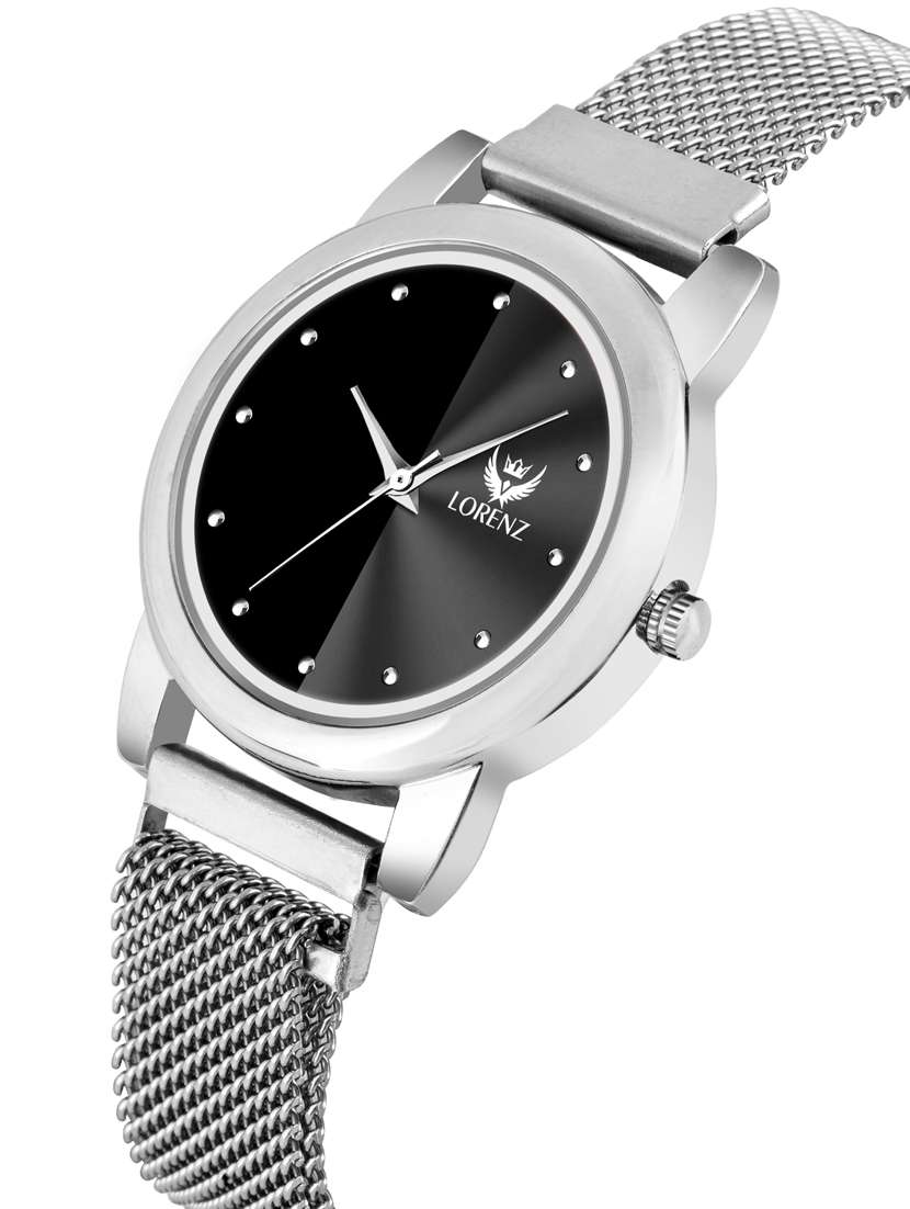 Lorenz Black Dial & Silver Magnetic Mesh Strap Watch For Women & Girls