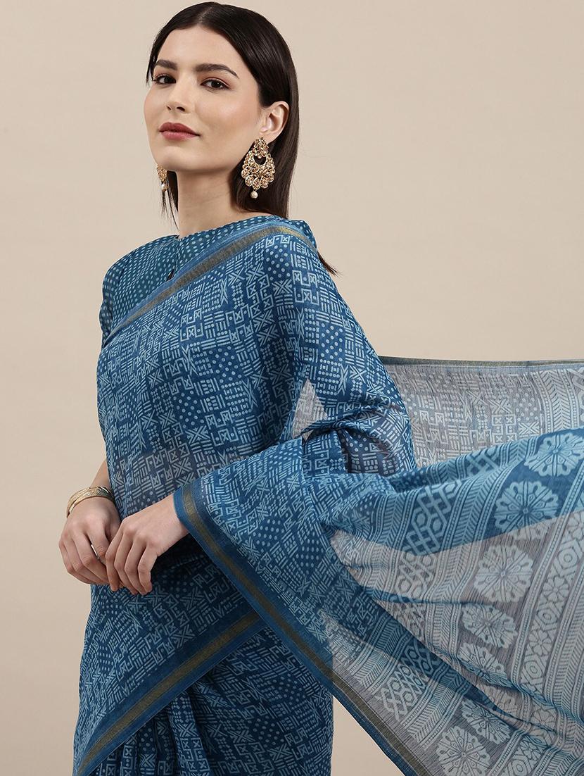 blue cotton blend printed saree - 18281915 - Standard Image - 2