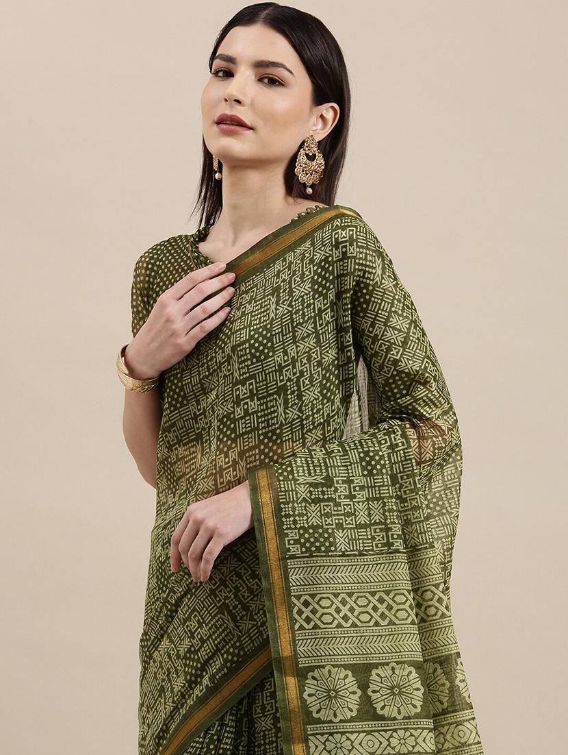 olive block printed saree - 18281917 - Standard Image - 2