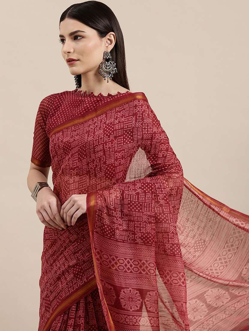 maroon cotton blend printed saree - 18281918 -  Standard Image - 2