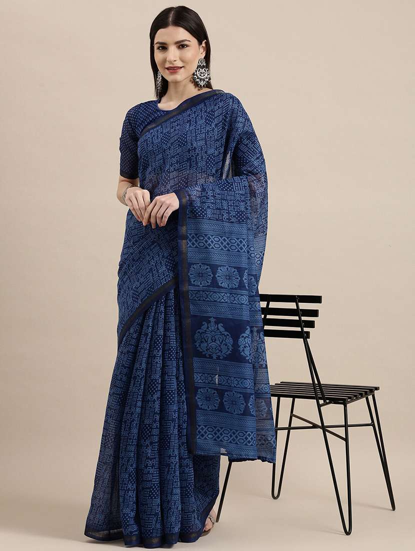 women's block print navy blue colored saree