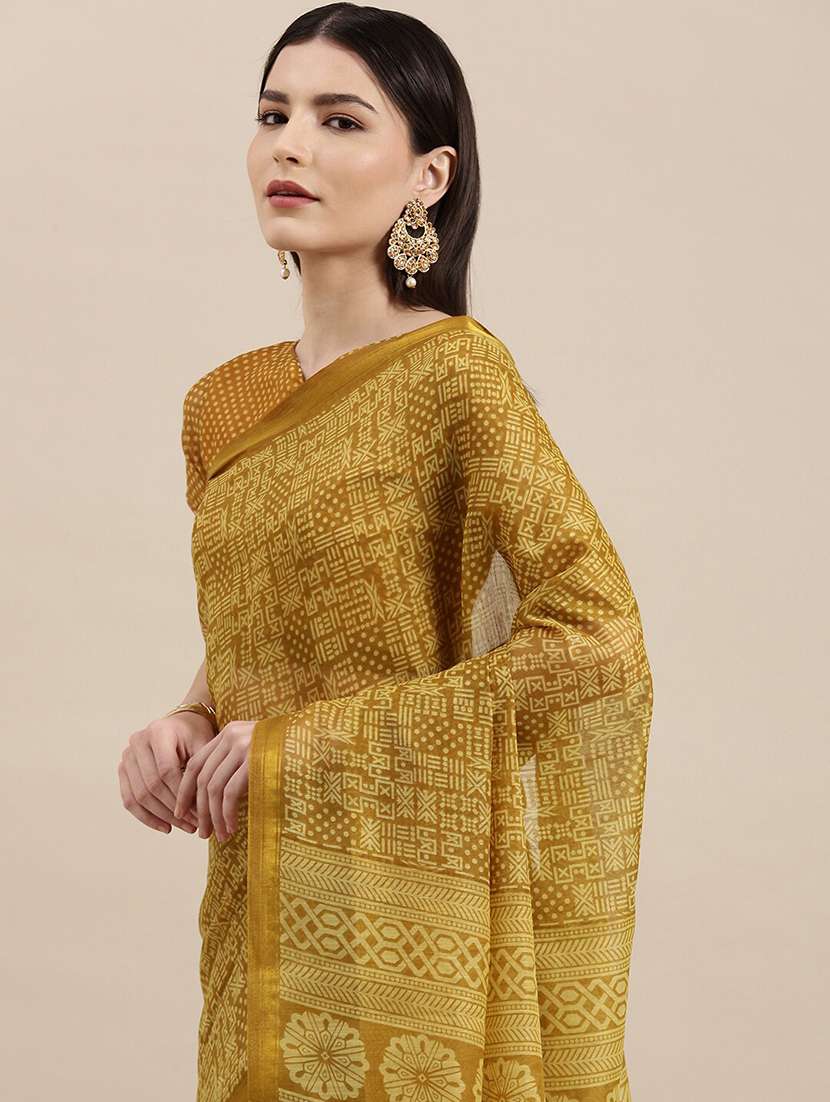 women's block print mustard colored saree - 18281920 -  Standard Image - 2