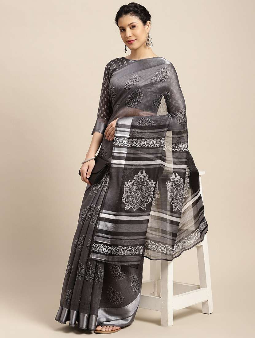 grey cotton blend printed saree