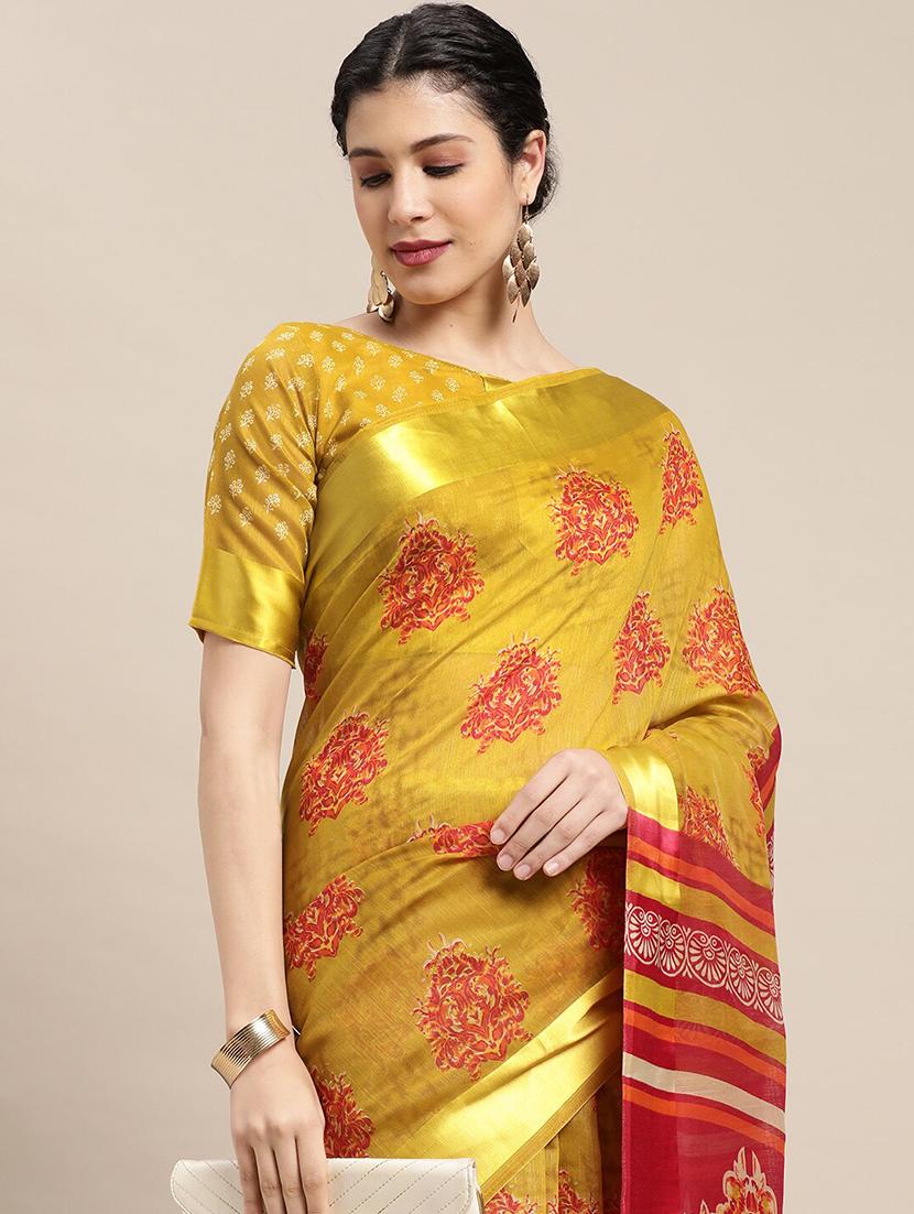 women's block print mustard colored saree - 18281926 - Standard Image - 2