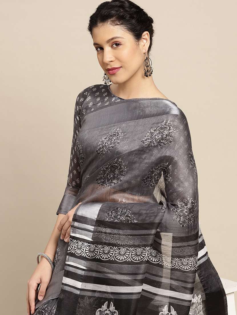 grey cotton blend printed saree - 18281929 -  Standard Image - 2