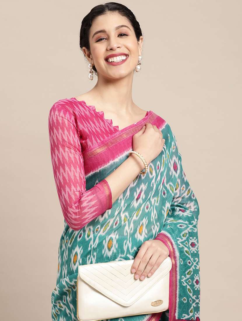 green cotton blend printed saree - 18281935 -  Standard Image - 2