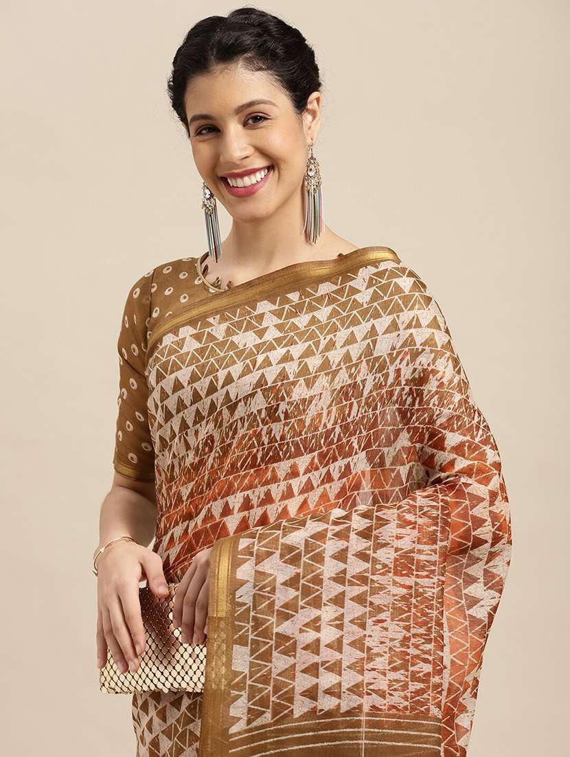 orange cotton blend printed saree - 18281938 - Standard Image - 2