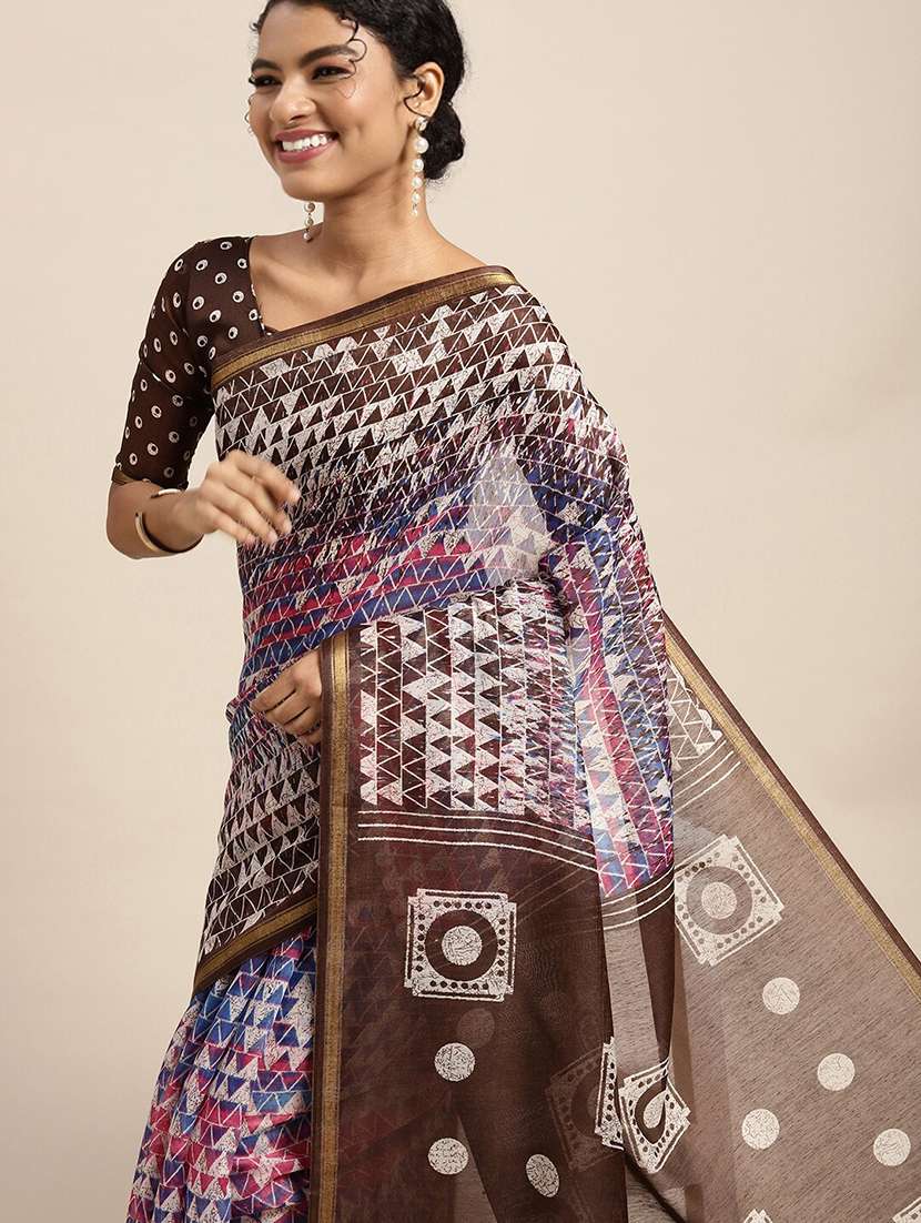 women's geometric brown colored saree with blouse - 18281939 -  Standard Image - 2