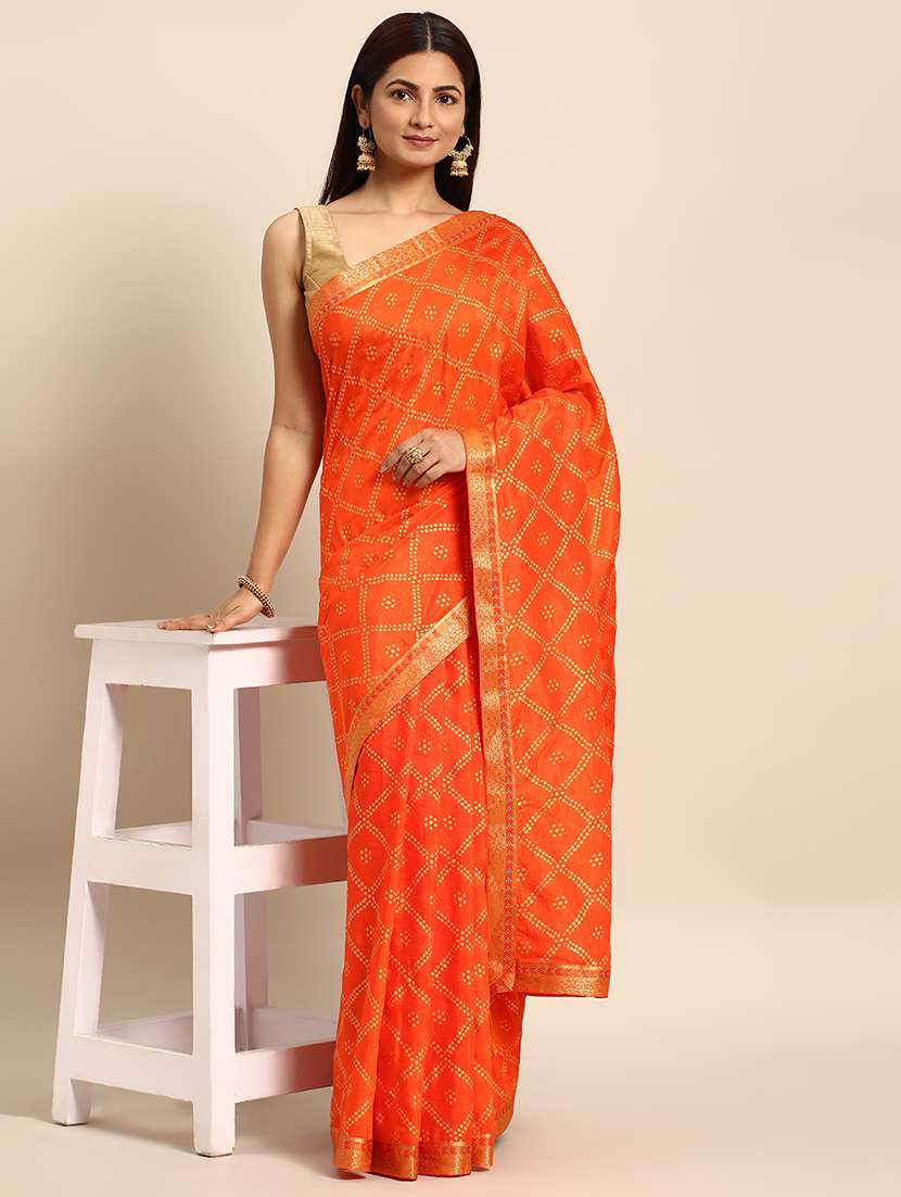 women's foil print orange colored saree