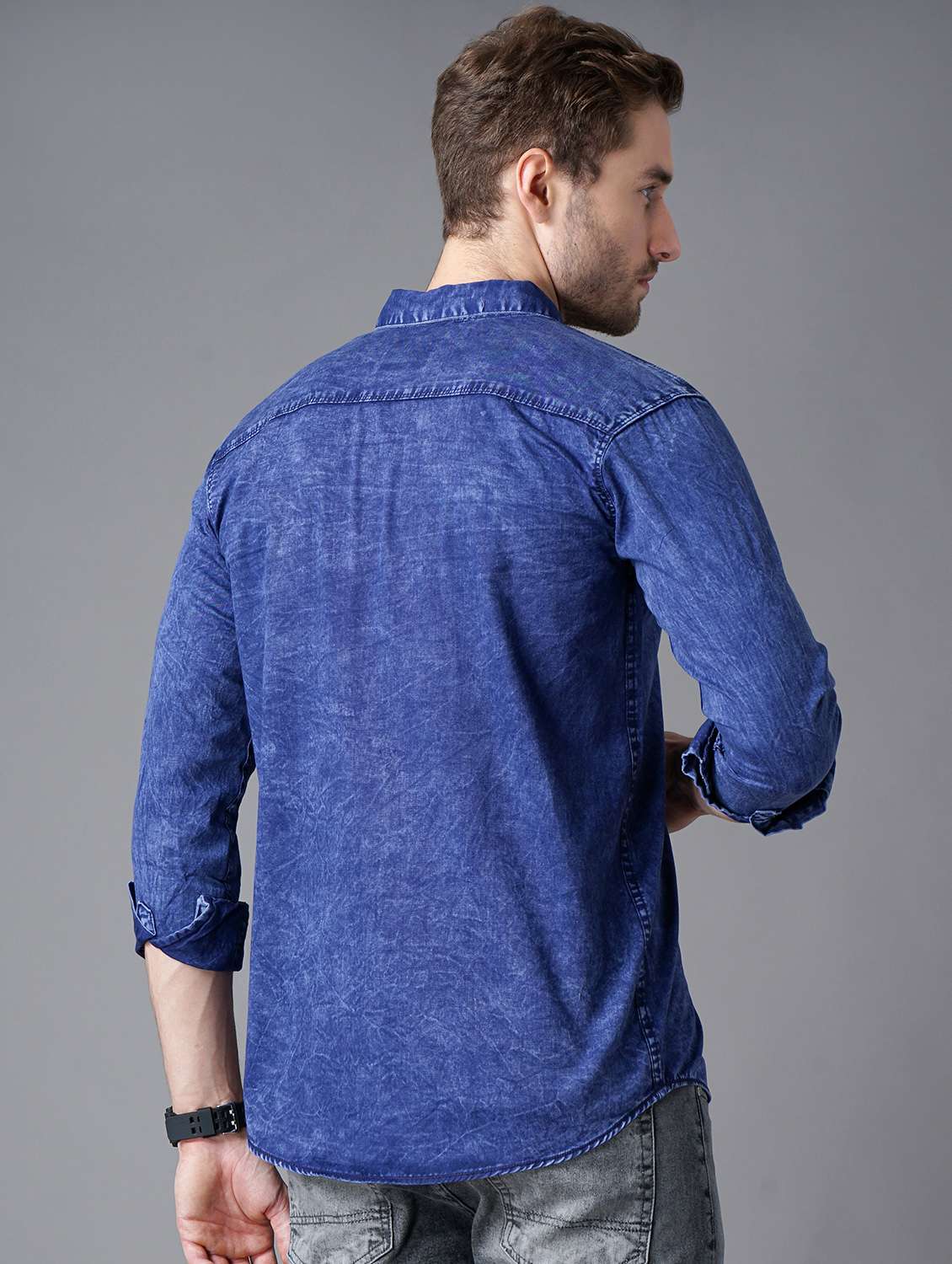navy blue light-washed denim casual shirt - 18283651 - Standard Image - 2