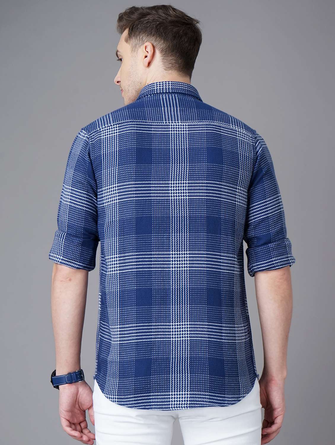 navy-blue checkered casual shirt - 18283669 - Standard Image - 2