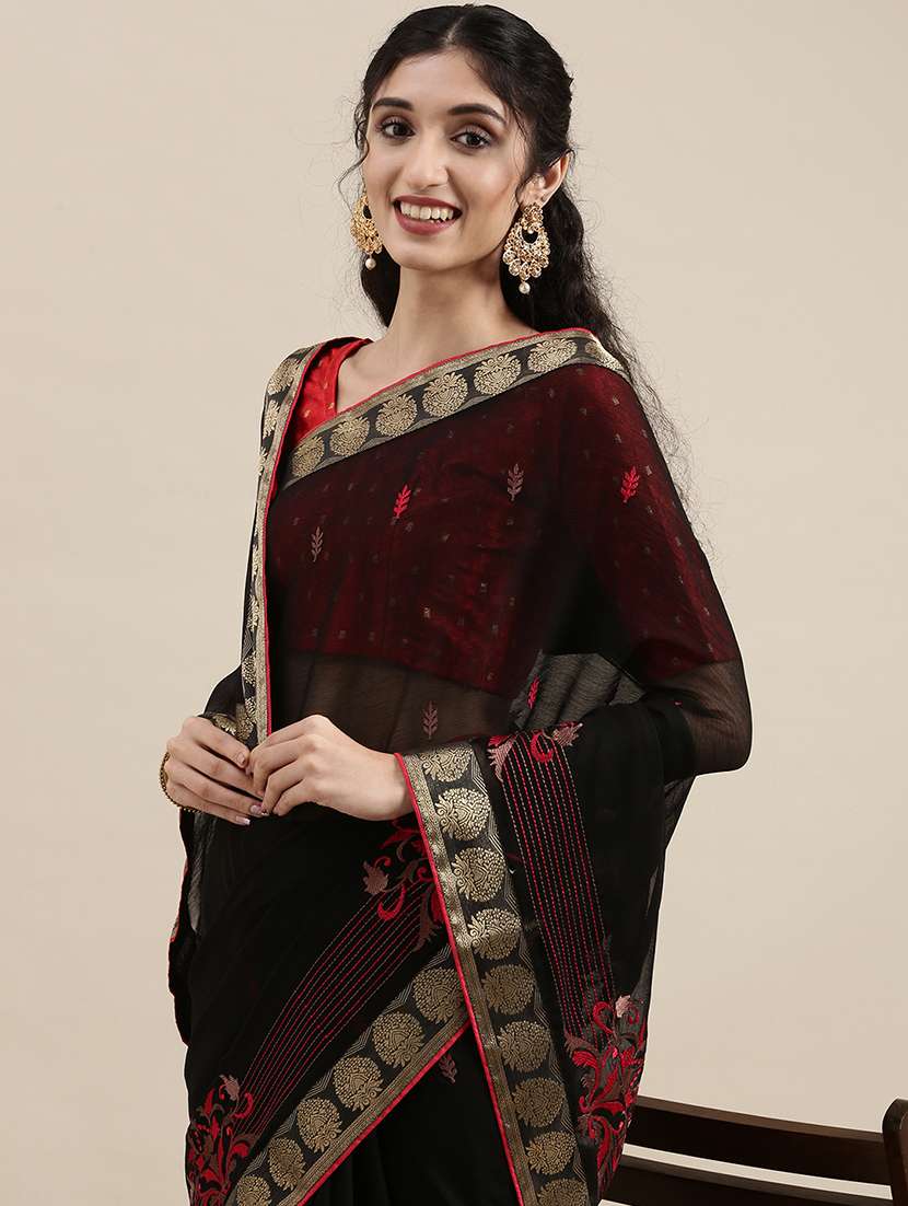 black chiffon embroidered saree with blouse - 18283826 -  Standard Image - 2
