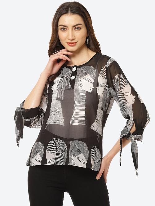 tie knot sleeved printed top  - 18285130 -  Standard Image - 0