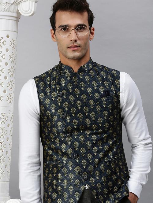 navy blue printed nehru jacket - 18285443 - Standard Image - 0