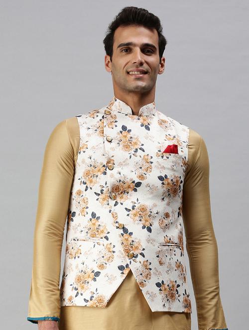 white printed nehru jacket - 18285445 - Standard Image - 0