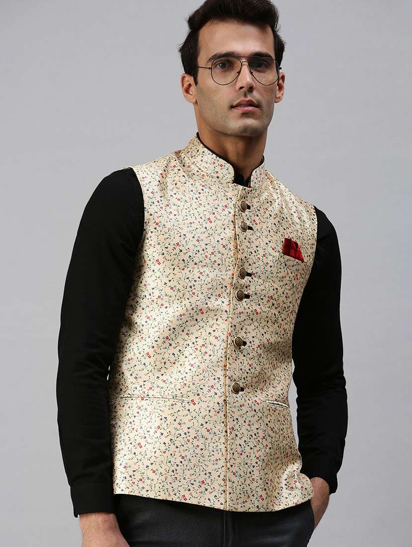 beige printed nehru jacket
