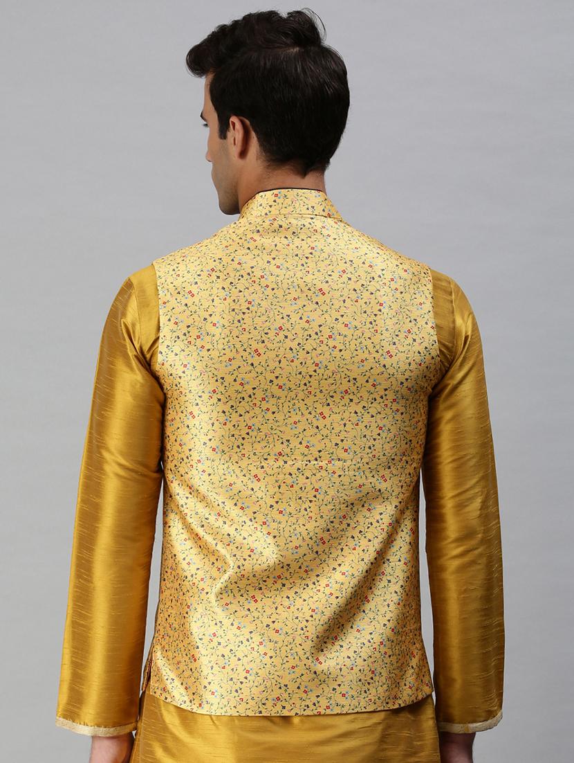 yellow printed nehru jacket - 18285447 - Standard Image - 2