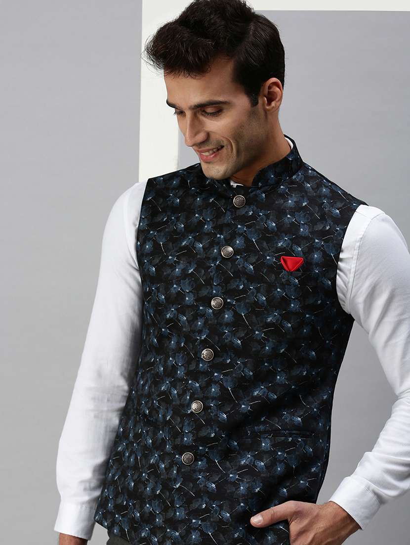 navy-blue printed nehru jacket