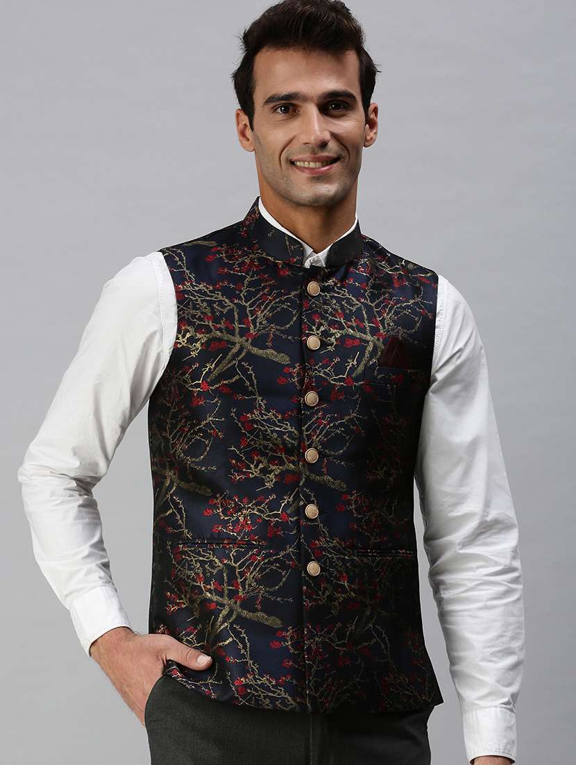 navy blue printed nehru jacket