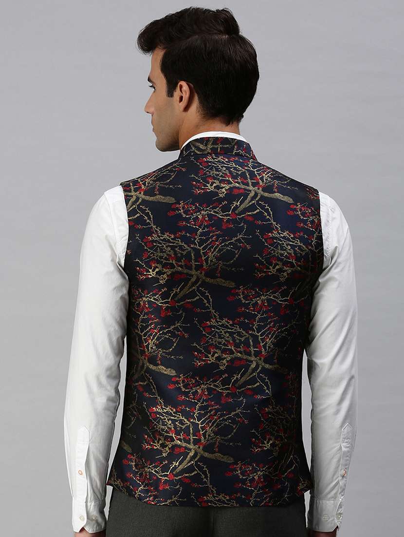 navy blue printed nehru jacket - 18285454 -  Standard Image - 2