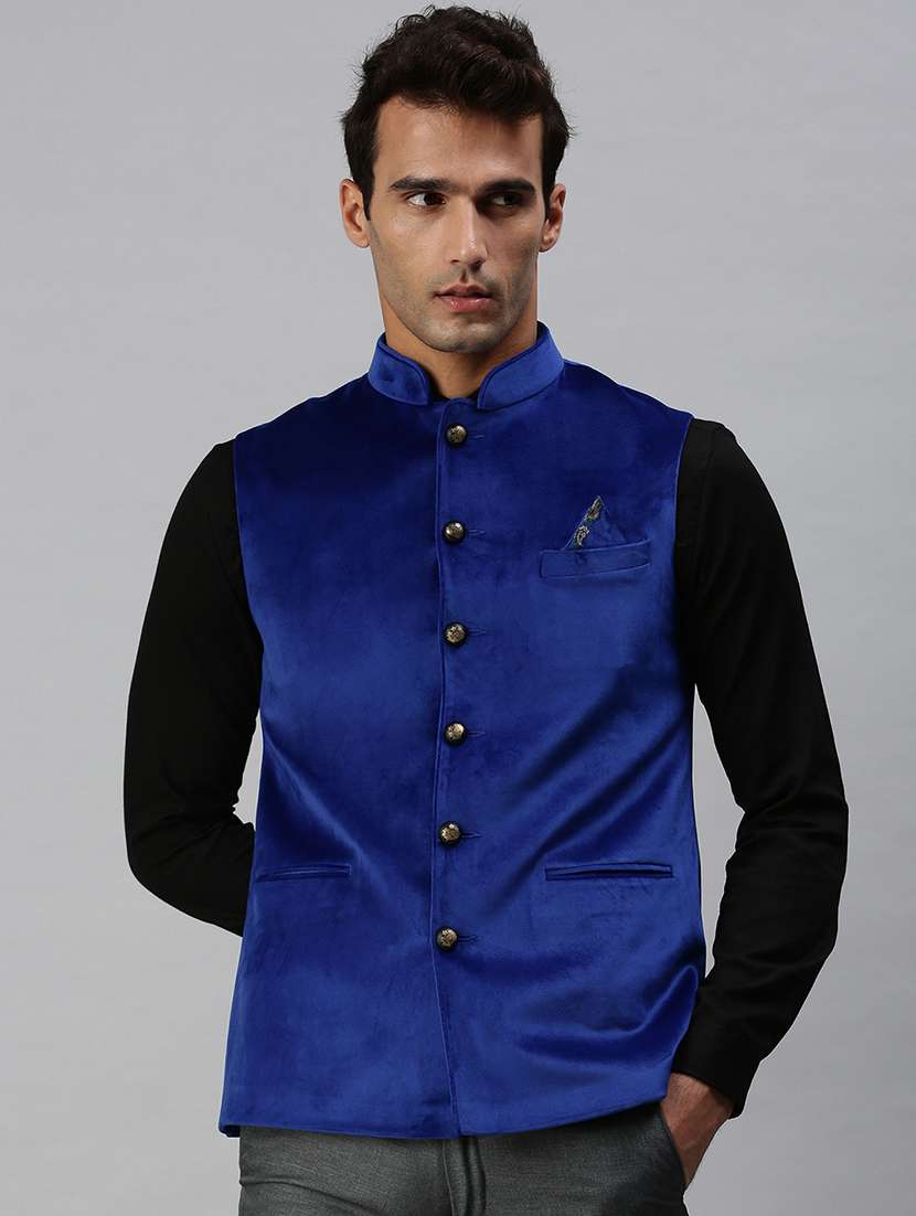 blue solid nehru jacket