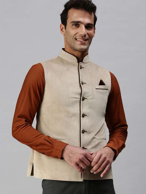 beige solid nehru jacket - 18285458 - Standard Image - 0