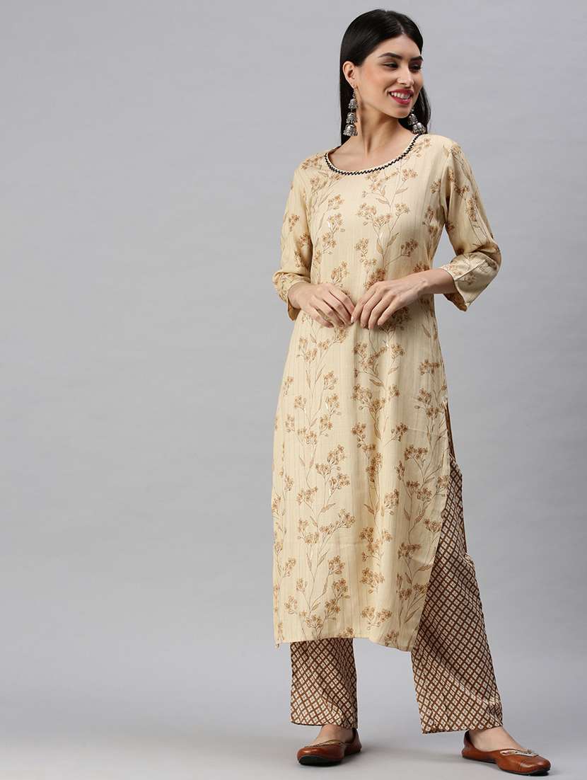 women beige floral printed kurta palazzo set