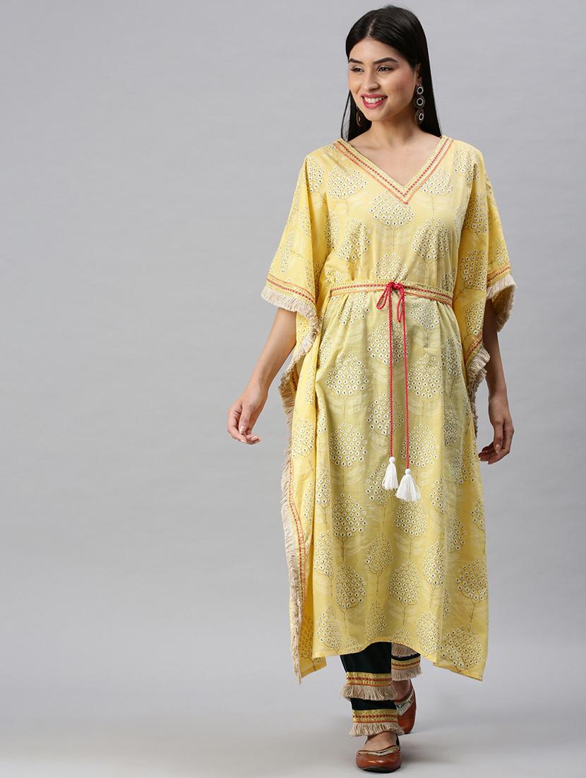 women yellow printed v neck kaftan set - 18285566 -  Zoom Image - 0