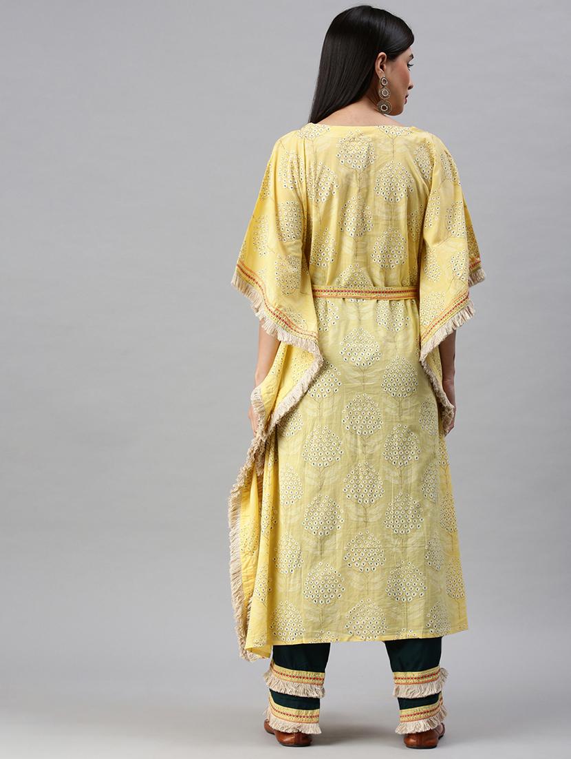 women yellow printed v neck kaftan set - 18285566 - Standard Image - 2