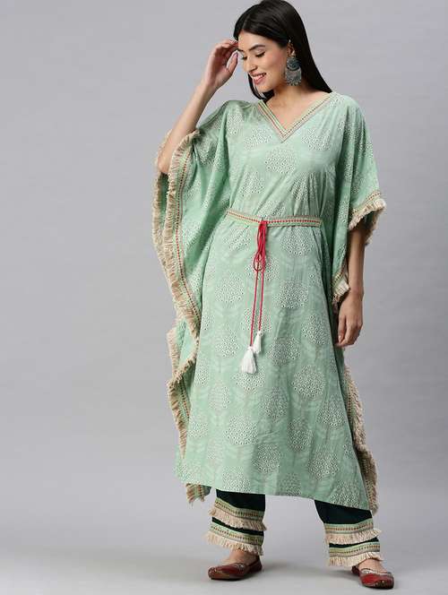 women green printed v neck kaftan set - 18285567 - Standard Image - 0