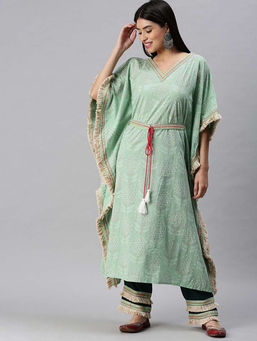 women green printed v neck kaftan set - 18285567 - Zoom Image - 0