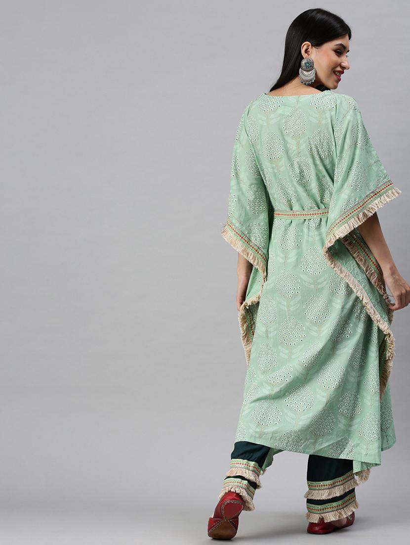 women green printed v neck kaftan set - 18285567 - Standard Image - 2