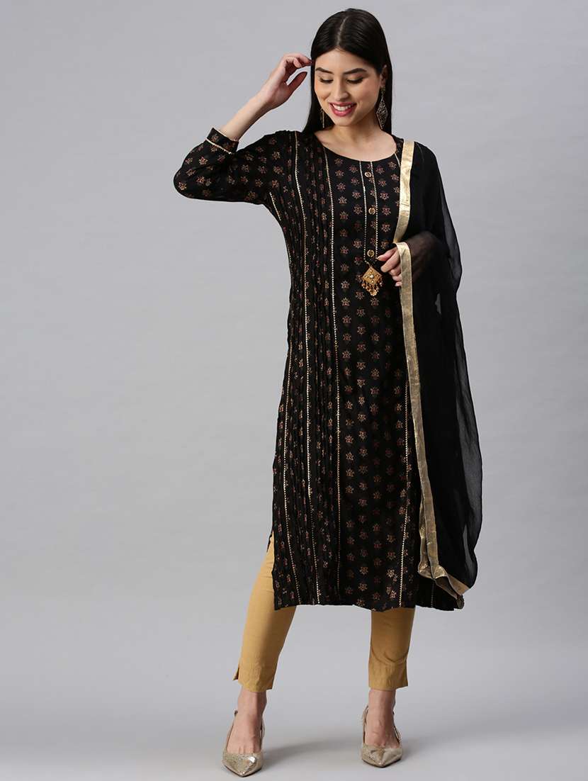 women foil print kurta pant set with dupatta