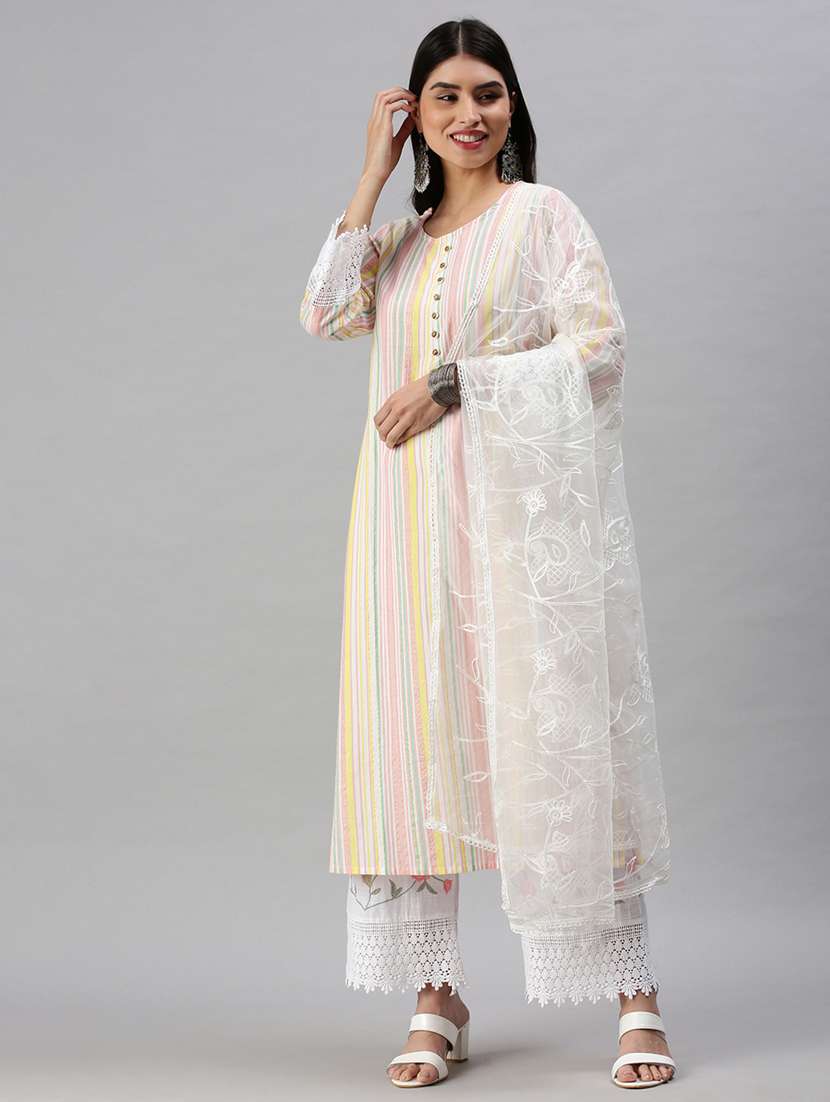multi colored cotton blend kurta dupatta  set
