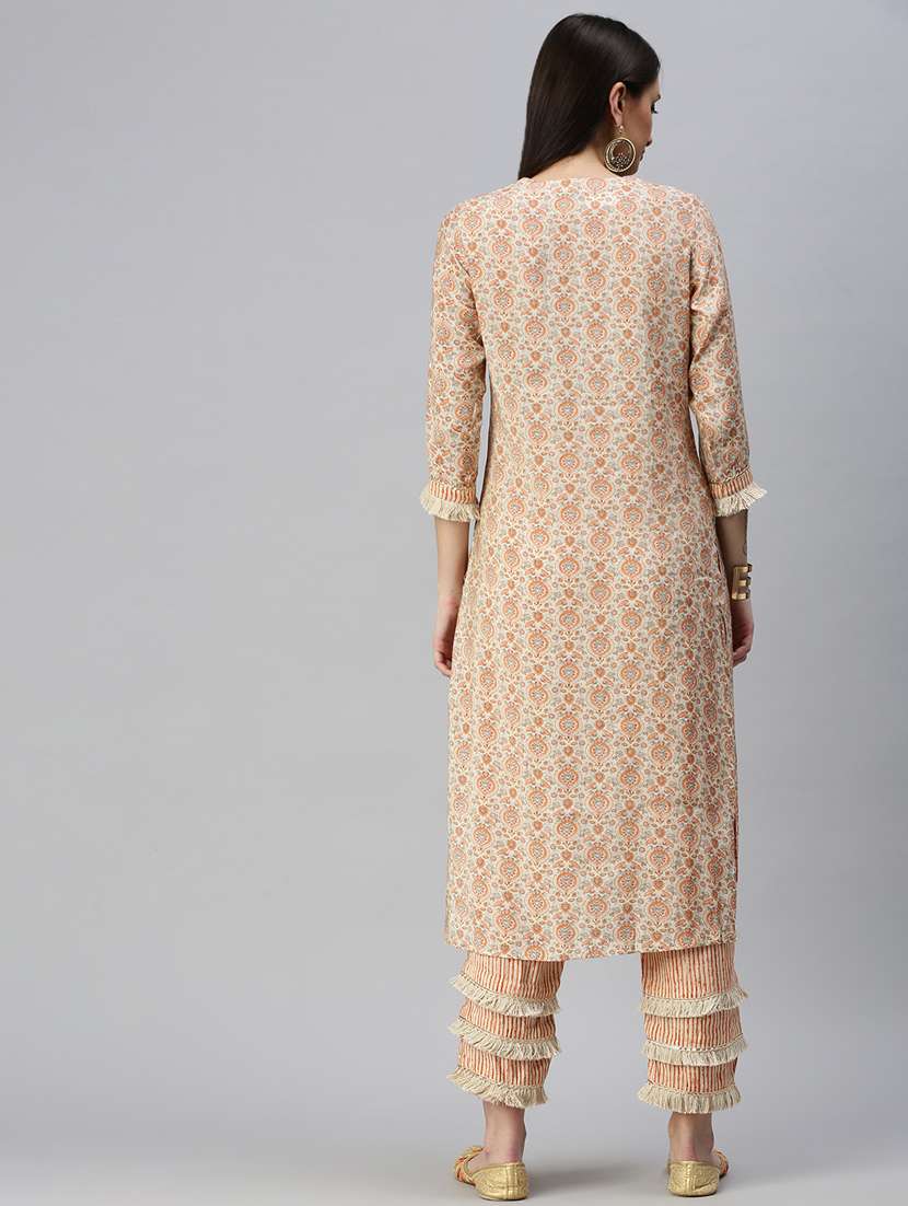 women beige printed round neck kurta pant set - 18285587 -  Standard Image - 2