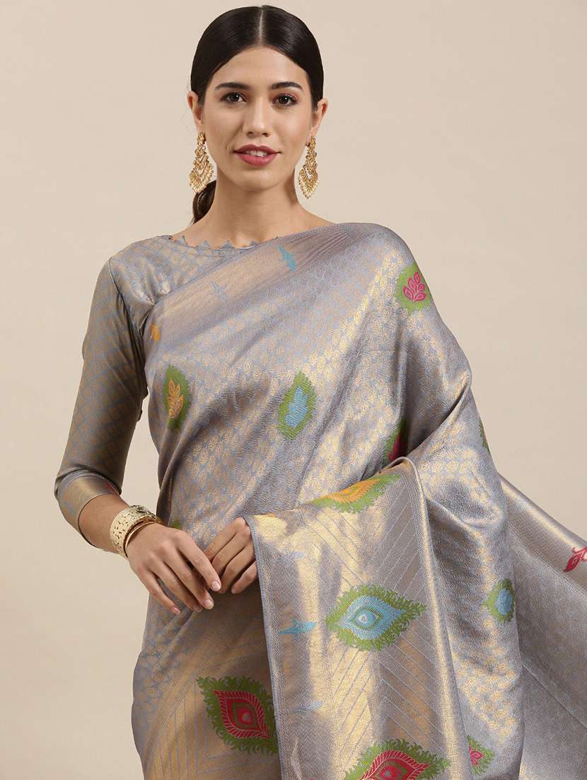 grey floral print woven saree with blouse - 18287051 -  Standard Image - 2