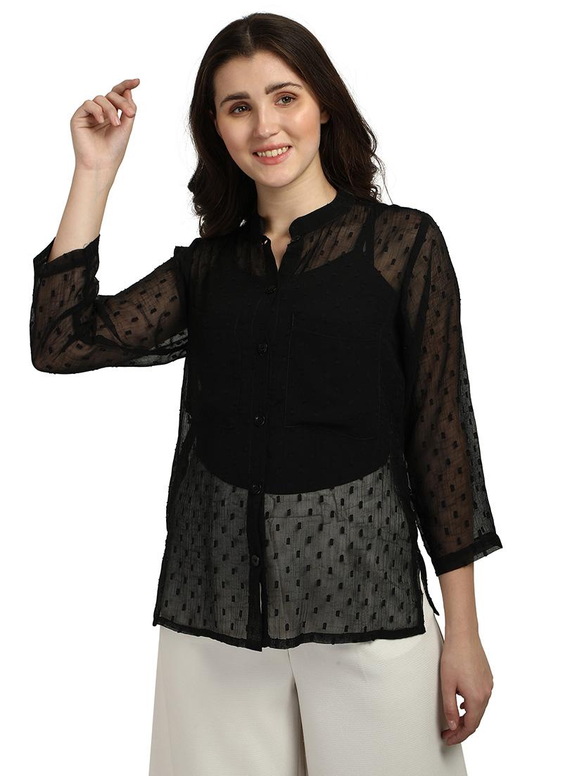mandarin neck dobby shirt - 18287149 - Standard Image - 2