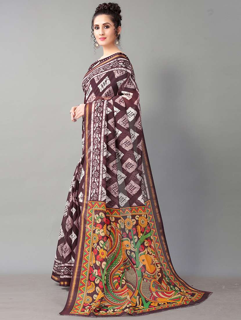 brown cotton blend printed saree with blouse - 18287206 - Standard Image - 2